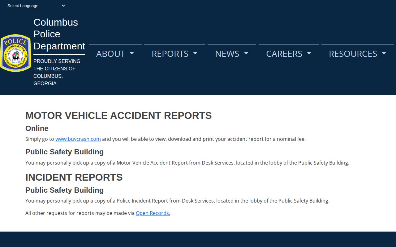 Columbus Police request-a-report page for Muscogee County incident records