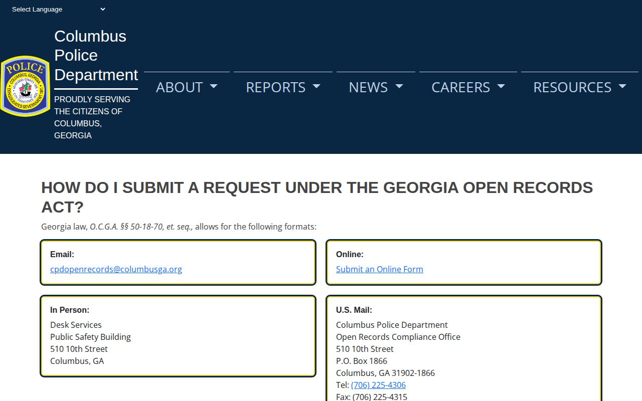 Columbus Police Open Records page for Muscogee County police records