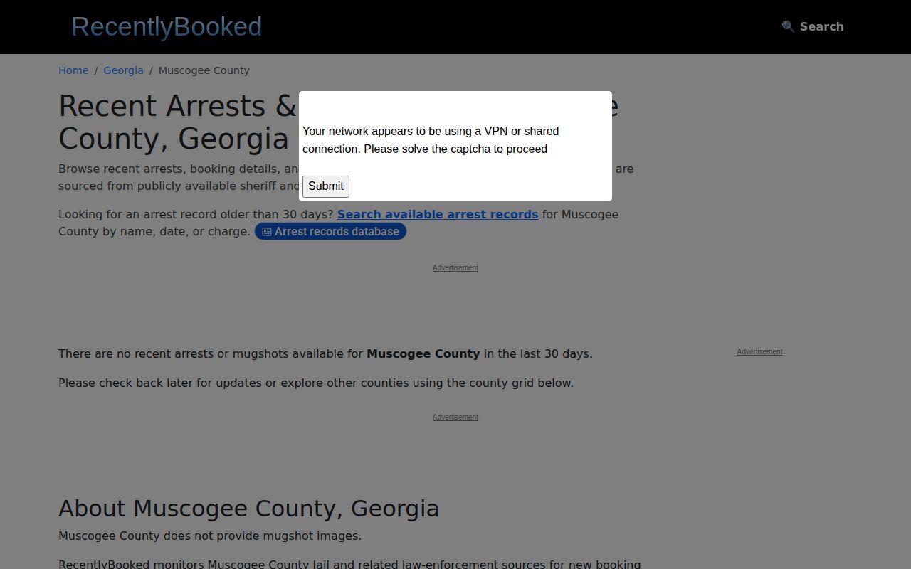 Recently Booked unofficial Muscogee County page showing its county coverage status