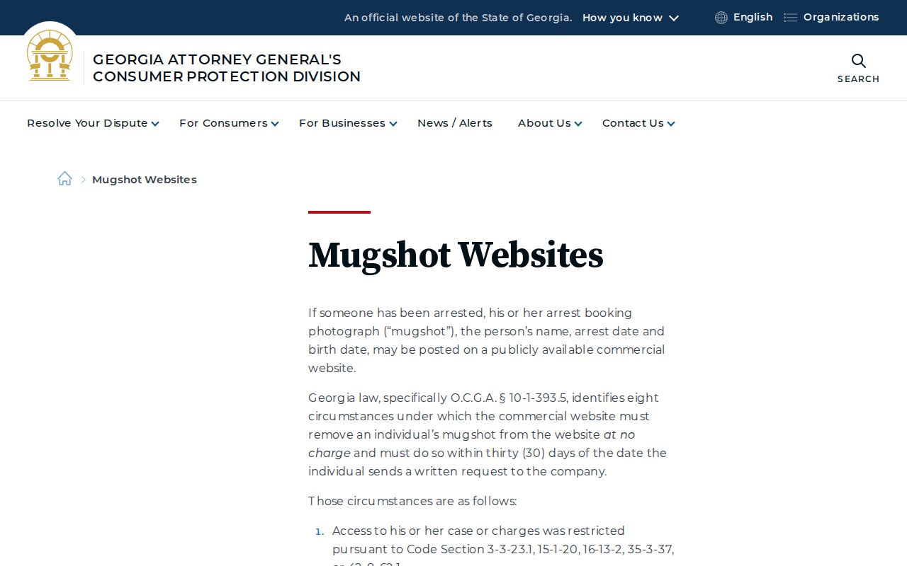 Muscogee County and Georgia official guidance about mugshot websites and record corrections