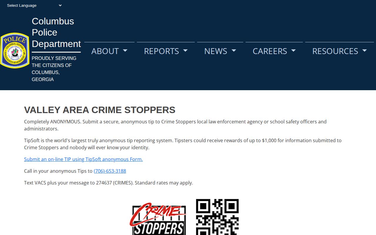 Columbus and Muscogee County official crime tip submission resource